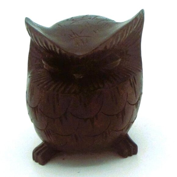 Vtg Hand-Carved Wooden Owl Dark Brown Figurine Deco Mini 2" - Picture 1 of 5
